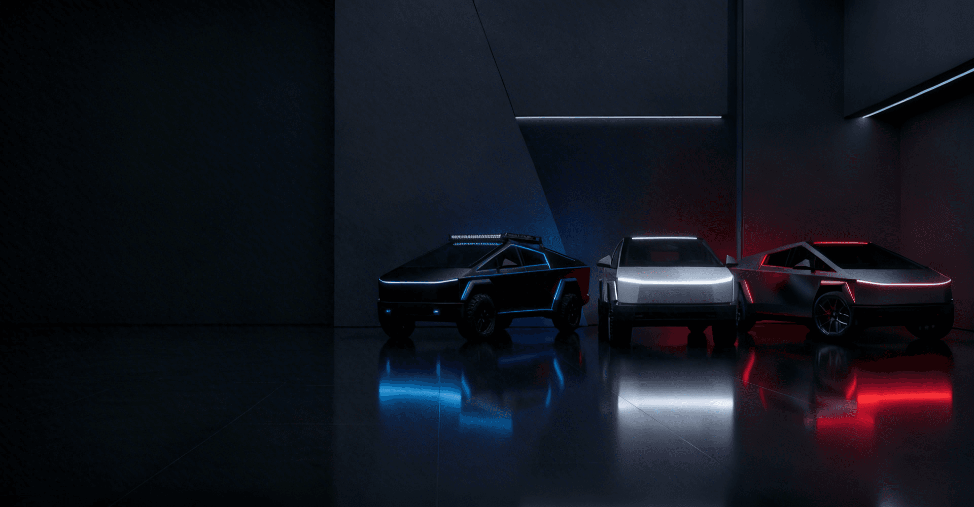 Three Tesla Cybertrucks with blue, white, and red accent lighting